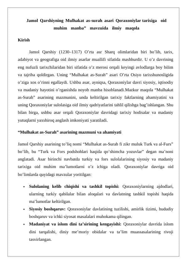 Jamol Qarshiyning Mulhakat as-surah asari Qoraxoniylar tarixiga oid muhim manba” mavzuida ilmiy maqola 24