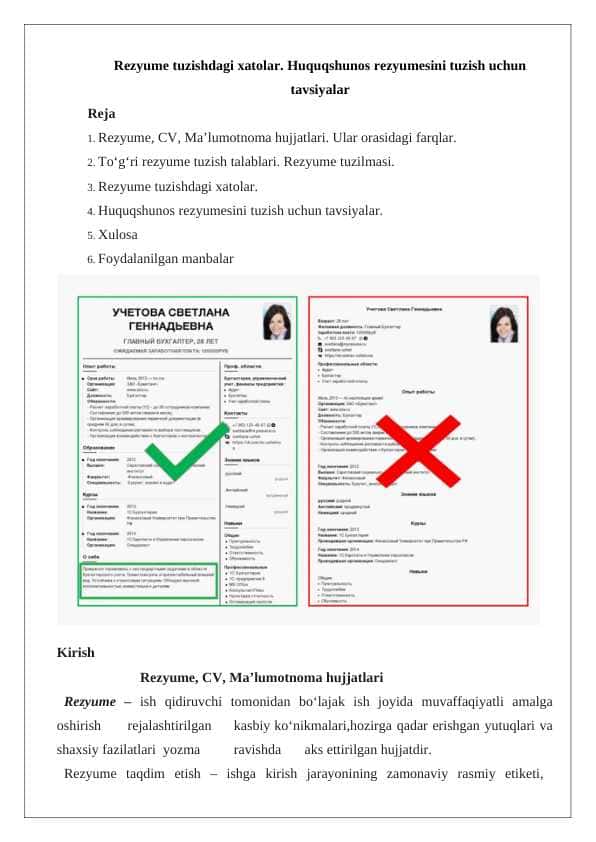 Rezyume tuzishdagi xatolar. Huquqshunos rezyumesini tuzish uchun tavsiyalar 24