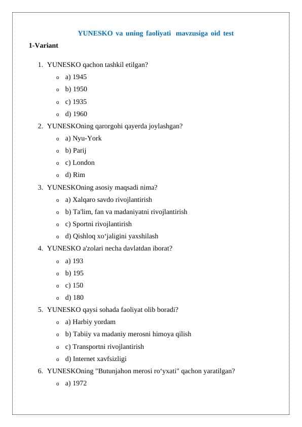 YUNESKO va uning faoliyati mavzusiga oid test tuzish 24