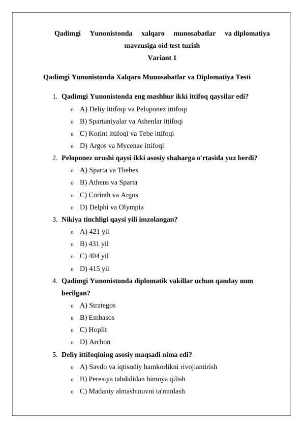 Qadimgi Yunonistonda xalqaro munosabatlar va diplomatiya mavzusiga oid test tuzish variant 1