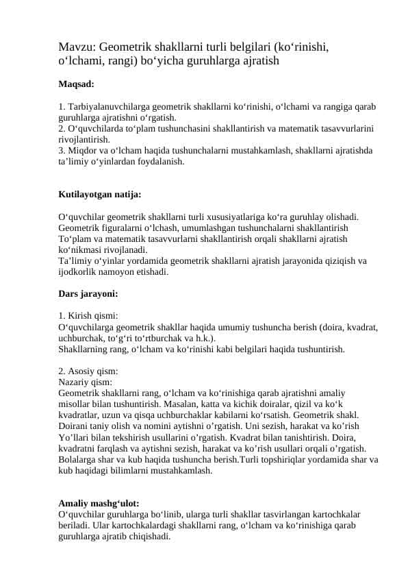 Elementar matematika fanidan dars ishlanmasi