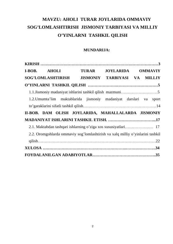 AHOLI TURAR JOYLARIDA OMMAVIY SOG’LOMLASHTIRISH JISMONIY TARBIYASI VA MILLIY O’YINLARNI TASHKIL QILISH