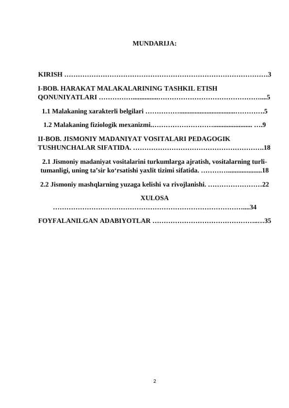 HARAKAT MALAKALARINING TASHKIL ETISH QONUNIYATLARI