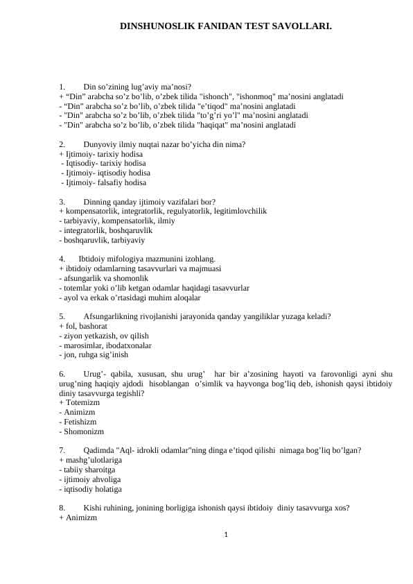 Dinshunoslik fanidan test savollari