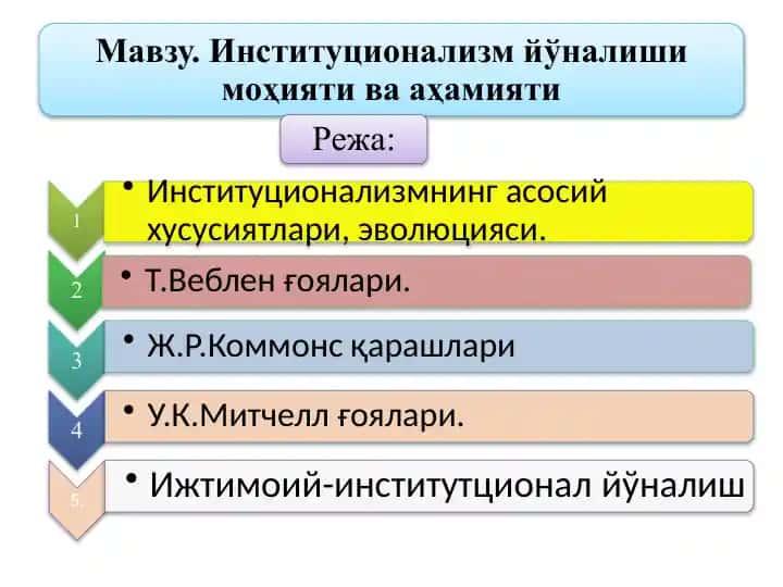 Институционализм йўналиши моҳияти ва аҳамияти. Institutsionalizm yo‘nalishi mohiyati va ahamiyati