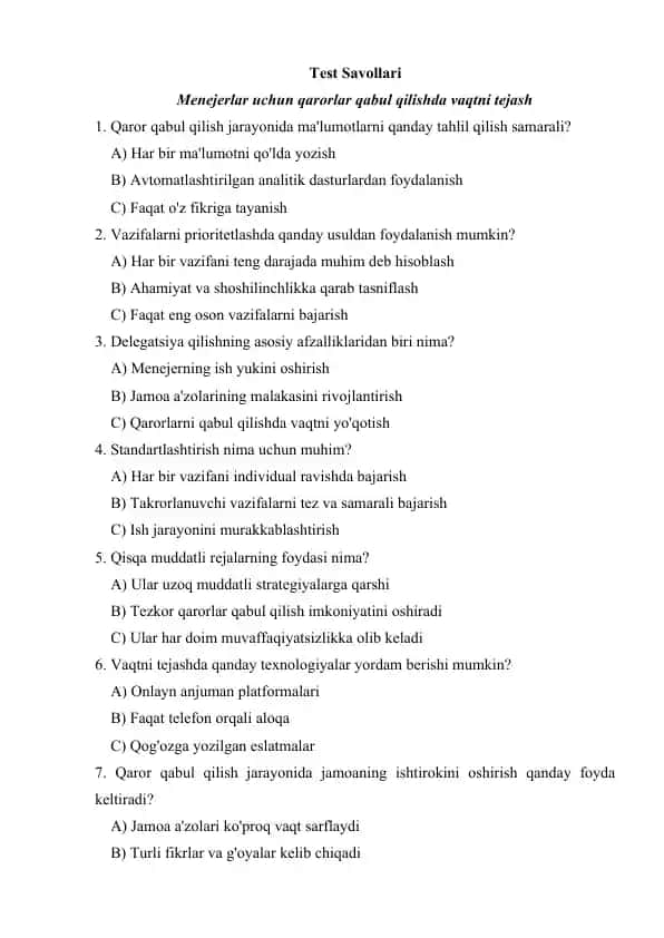 Test - Menejerlar uchun qarorlar qabul qilishda vaqtni tejash