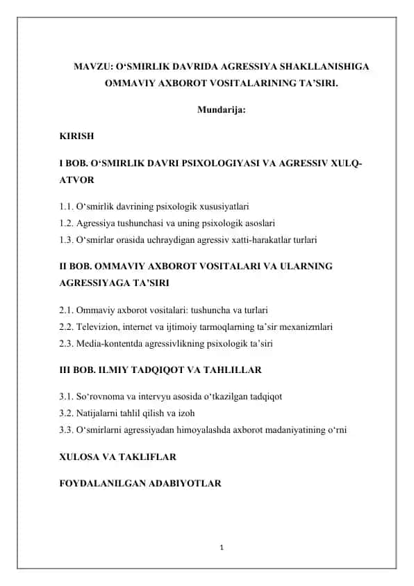 O‘SMIRLIK DAVRIDA AGRESSIYA SHAKLLANISHIGA OMMAVIY AXBOROT VOSITALARINING TA’SIRI