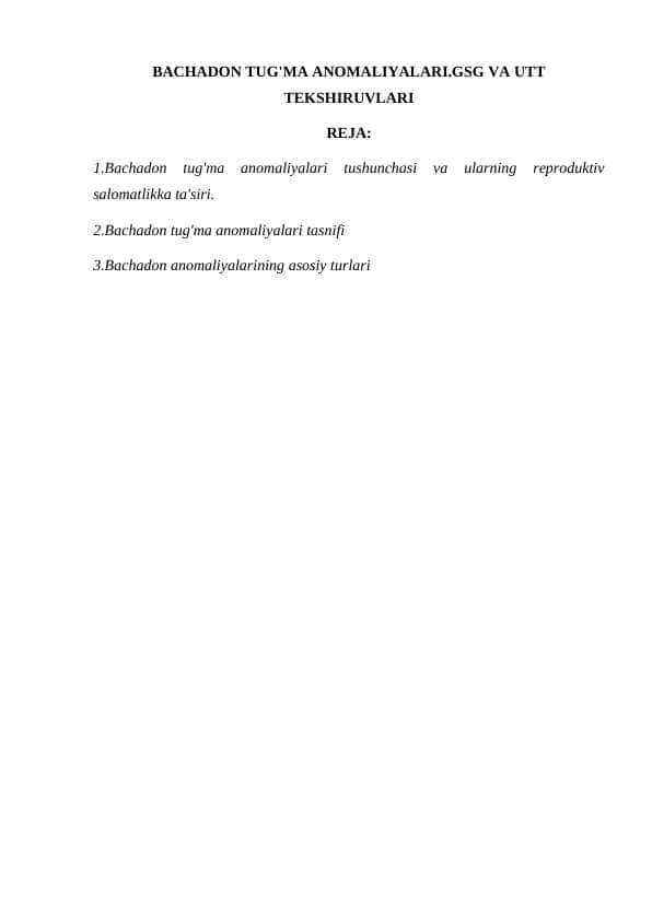 BACHADON TUG'MA ANOMALIYALARI.GSG VA UTT TEKSHIRUVLARI