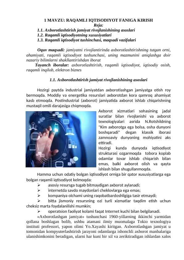 RAQAMLI IQTISODIYOT FANIGA KIRISH