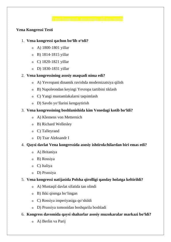Vena kongressi mavzusiga oid test tuzish 24