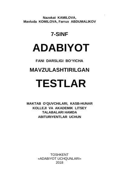 Adabiyot 7-sinf mavzulashtirilgan test savollari