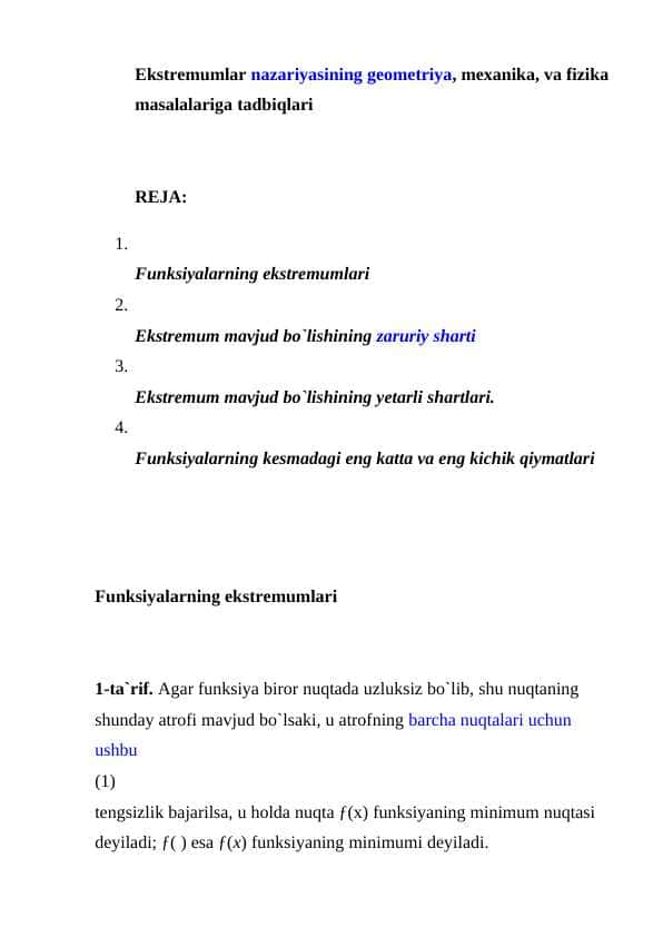 Ekstremumlar nazariyasining geometriya, mexanika, va fizika masalalariga tadbiqlari