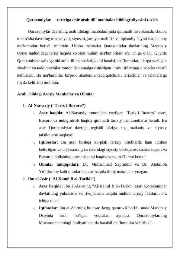 Qoraxoniylar tarixiga doir arab tilli manbalar bibliografiyasini tuzish