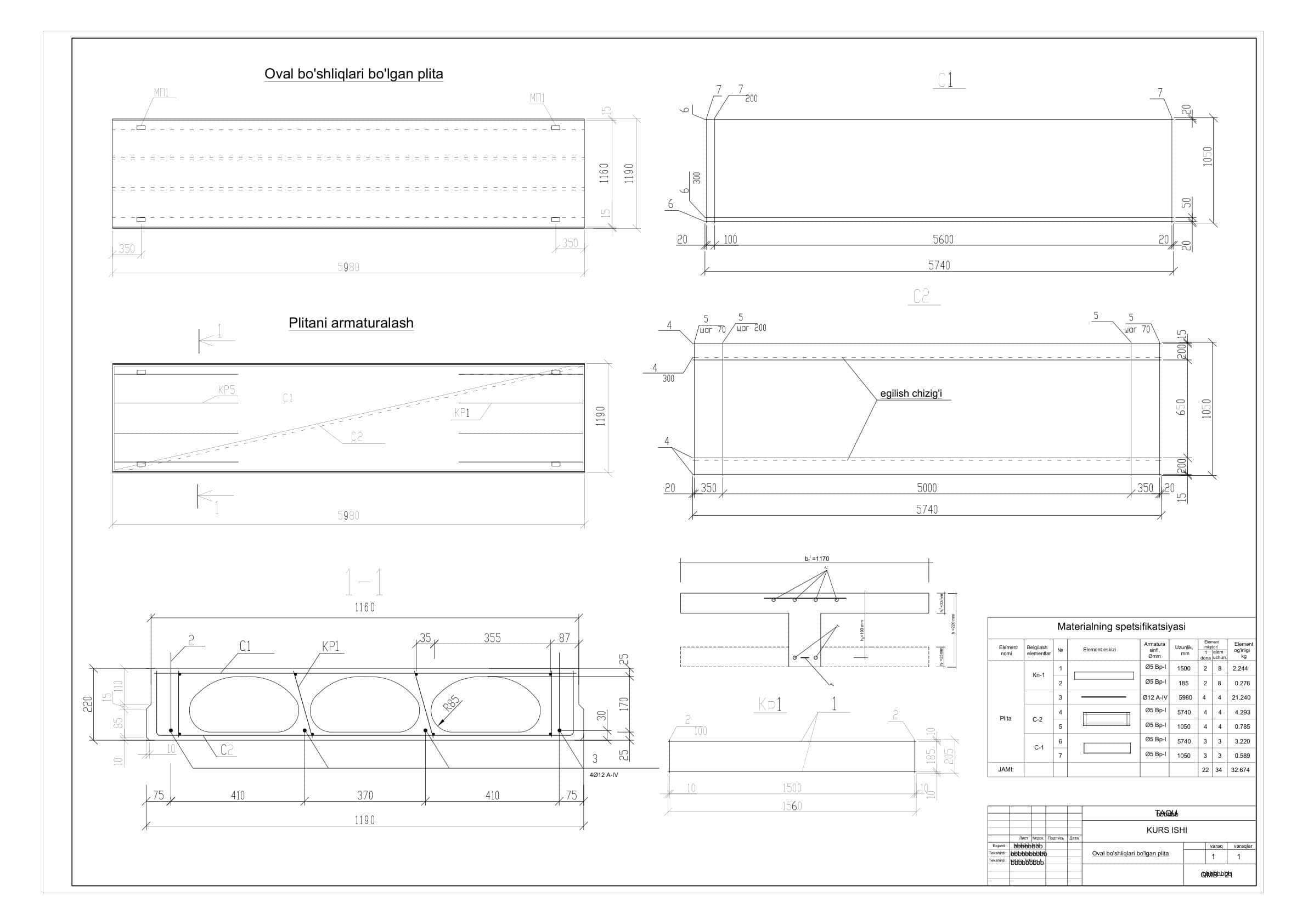 Oval bo`shliqli plitani loyihalash kurs ishi