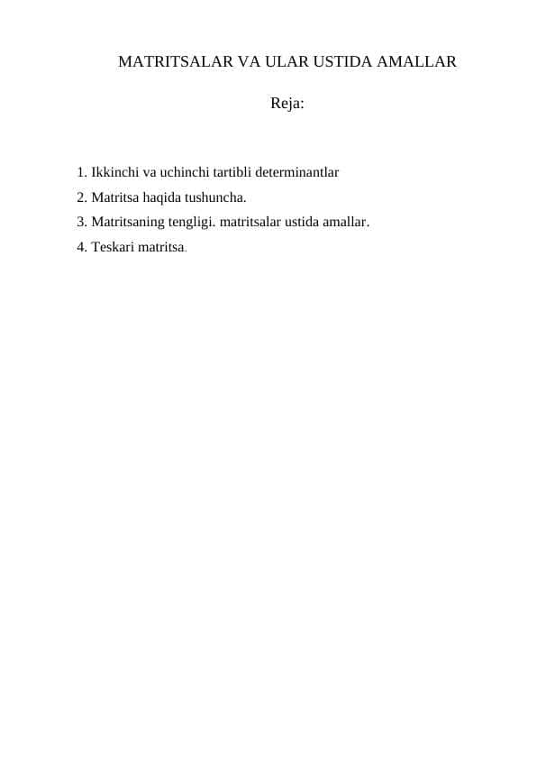 MATRITSALAR VA ULAR USTIDA AMALLAR