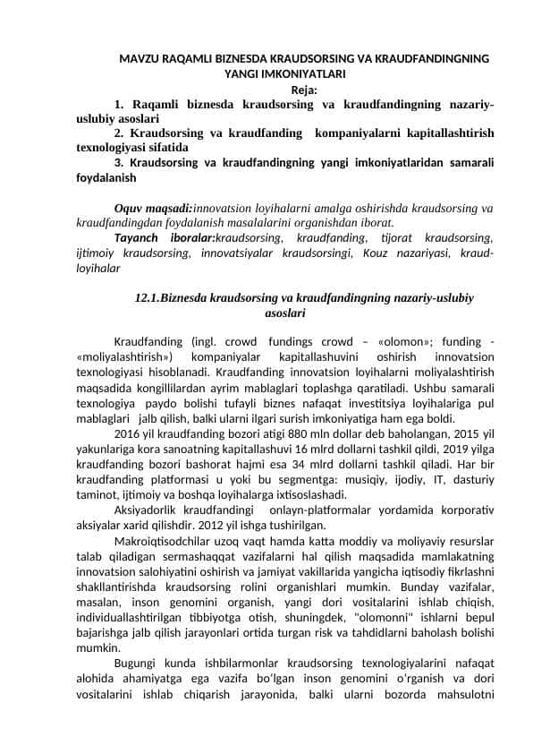 MAVZU RAQAMLI BIZNESDA KRAUDSORSING VA KRAUDFANDINGNING YANGI IMKONIYATLARI