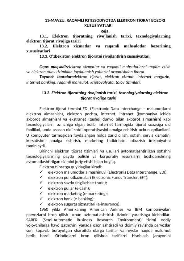 RAQAMLI IQTISSODIYOTDA ELEKTRON TJORAT BOZORI XUSUSIYATLARI