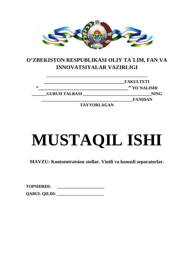 Kontsentratsion stollar. Vintli va konusli separatorlar.