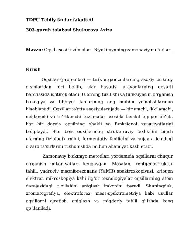 Oqsil asosi tuzilmalari va biyokimyoning zamonaviy metodlari