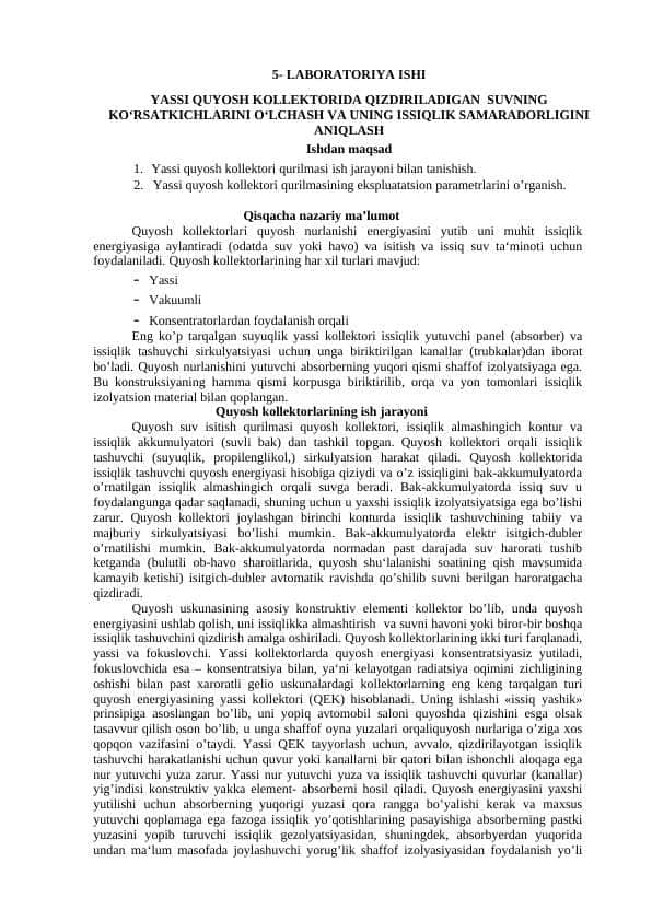 YASSI QUYOSH KOLLEKTORIDA QIZDIRILADIGAN SUVNING KO‘RSATKICHLARINI O‘LCHASH VA UNING ISSIQLIK SAMARADORLIGINI ANIQLASH