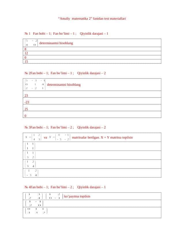 “Amaliy matematika 2” fanidan test materiallari