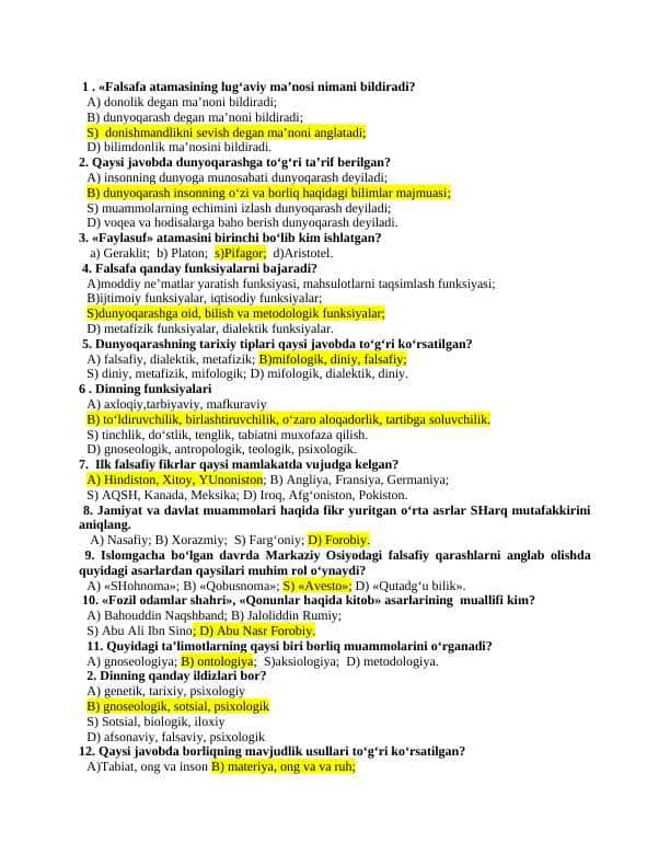 Falsafa fanidan test savollari va javoblari