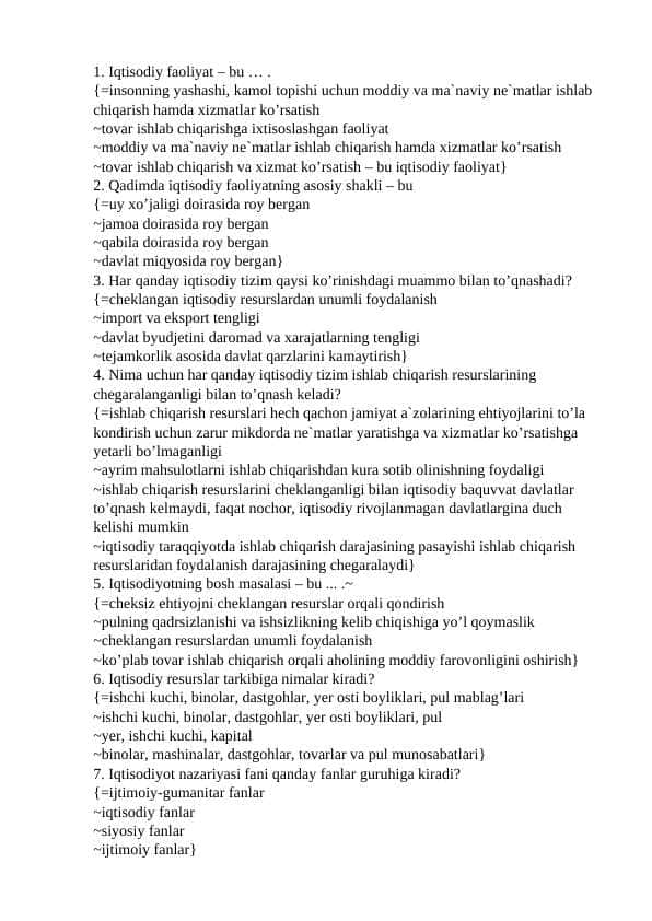 Iqtisodiyot nazariyasi fanidan test savollari