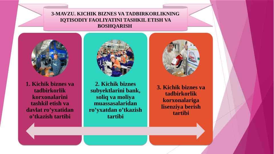 KICHIK BIZNES VA TADBIRKORLIKNING IQTISODIY FAOLIYATINI TASHKIL ETISH VA BOSHQARISH