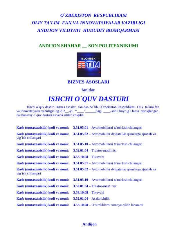 Biznes asoslari fanidan ishchi o'quv dastur 120 soat