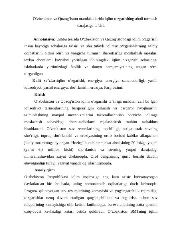 О‘zbekiston va Qozog‘iston mamlakatlarida iqlim о‘zgarishing aholi turmush darajasiga ta’siri.