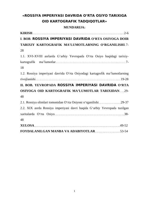 ROSSIYA IMPERIYASI DAVRIDA O‘RTA OSIYO TARIXIGA OID KARTOGRAFIK TADQIQOTLAR
