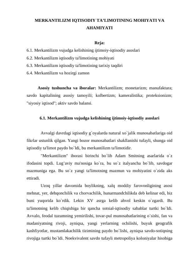 MERKANTILIZM IQTISODIY TA’LIMOTINING MOHIYATI VA AHAMIYATI