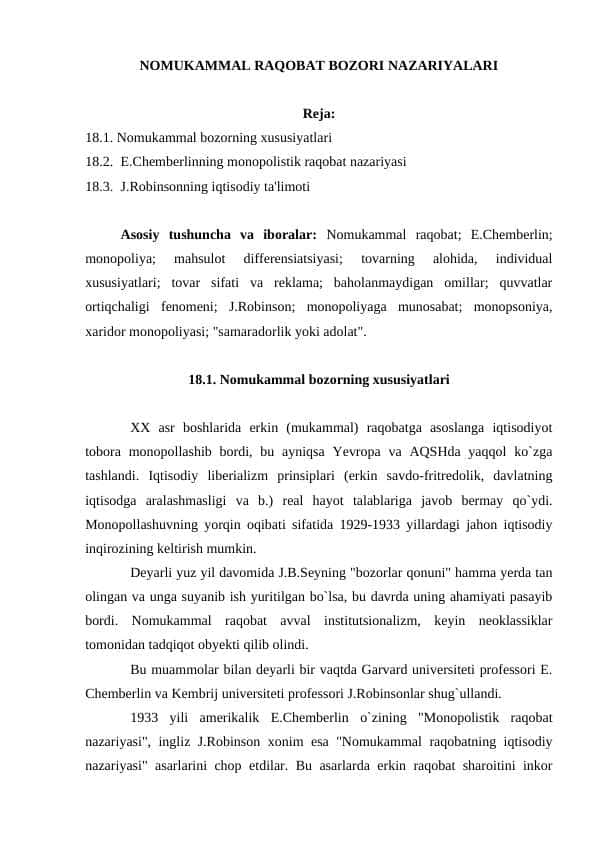 NOMUKAMMAL RAQOBAT BOZORI NAZARIYALARI