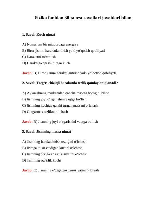 Fizika fanidan 30 ta test savollari javoblari bilan