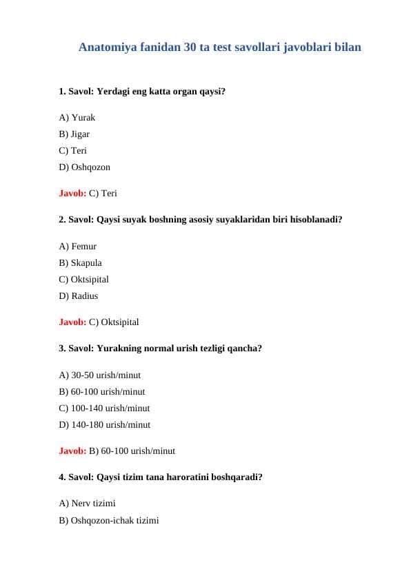 Anatomiya fanidan 30 ta test savollari javoblari bilan