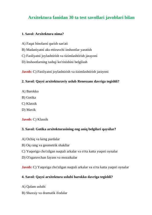 Arxitektura fanidan 30 ta test savollari javoblari bilan