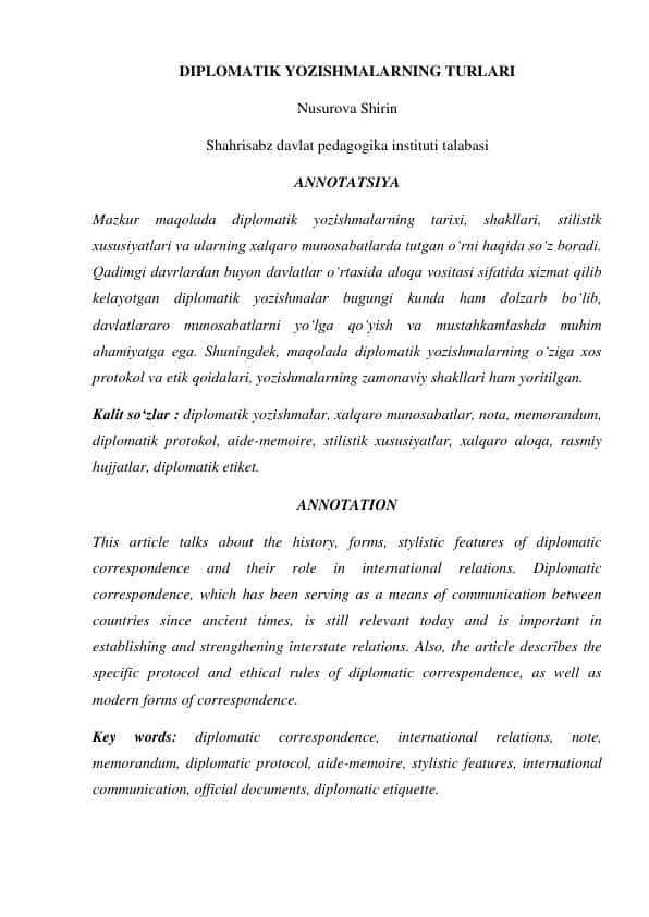 DIPLOMATIK YOZISHMALARNING TURLARI