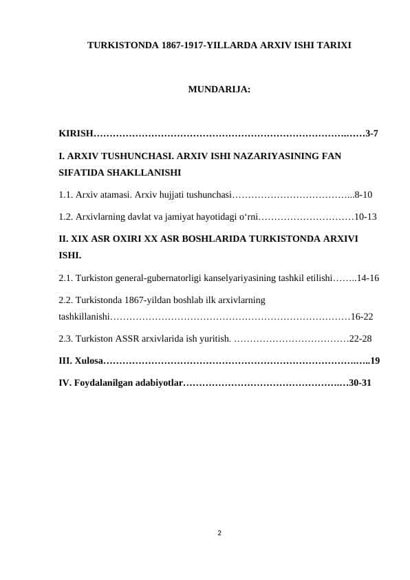 TURKISTONDA 1867-1917-YILLARDA ARXIV ISHI