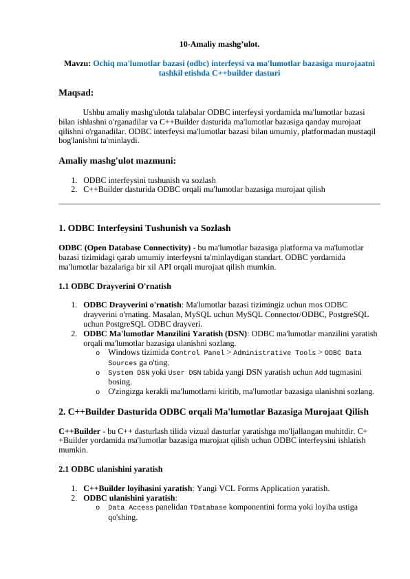 Ochiq ma'lumotlar bazasi (odbc) interfeysi va ma'lumotlar bazasiga murojaatni tashkil etishda C++builder dasturi