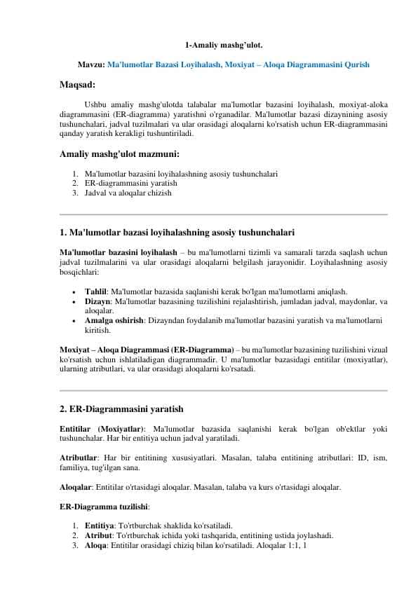 Ma'lumotlar Bazasi Loyihalash, Moxiyat – Aloqa Diagrammasini Qurish