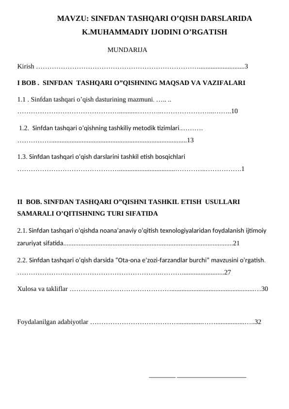 SINFDAN TASHQARI O’QISH DARSLARIDA K.MUHAMMADIY IJODINI O’RGATISH