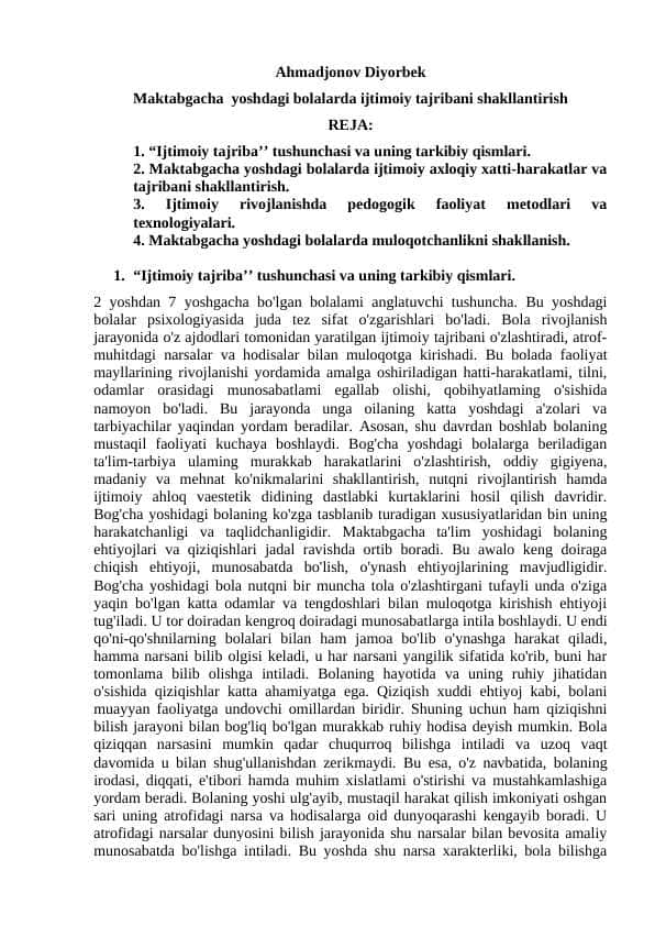Maktabgacha yoshdagi bolalarda ijtimoiy tajribani shakllantirish