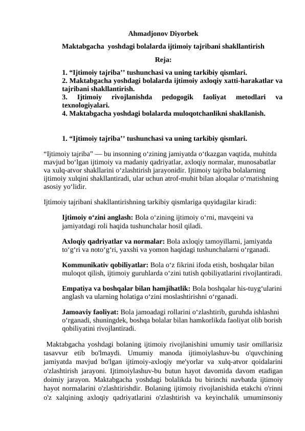 Maktabgacha yoshdagi bolalarda ijtimoiy tajribani shakllantirish