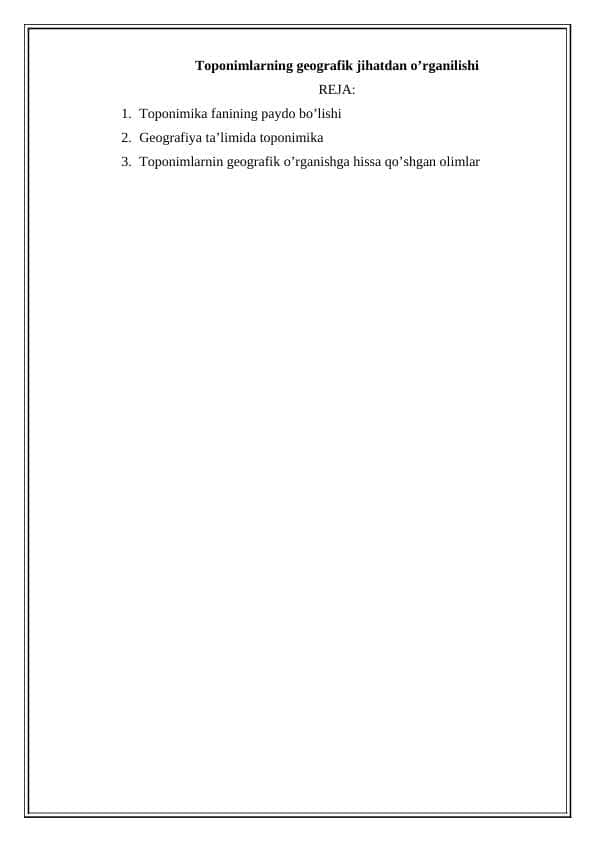 Toponimlarning geografik jihatdan o’rganilishi
