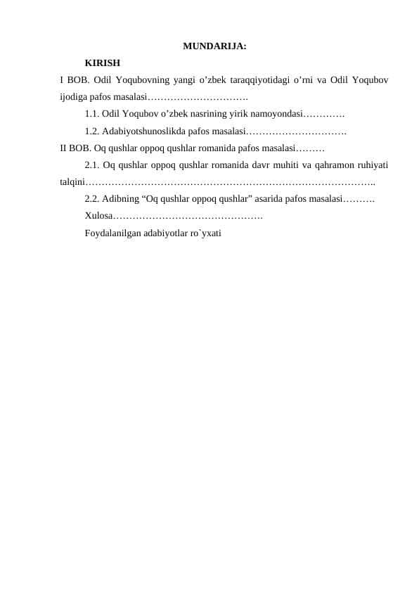 Odil Yoqubovning Oq qushlar oppoq qushlar romanida pafos masalasi