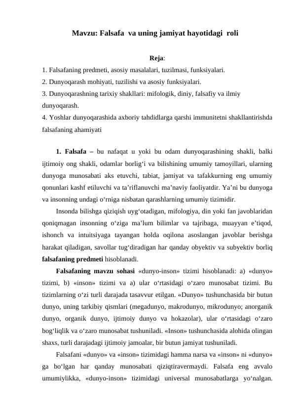 Falsafa va uning jamiyat hayotidagi roli
