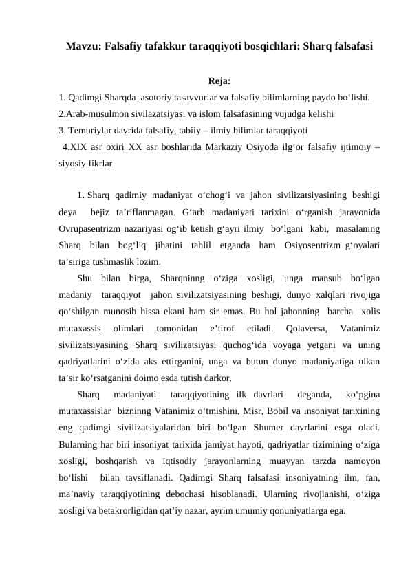 Falsafiy tafakkur taraqqiyoti bosqichlari: Sharq falsafasi
