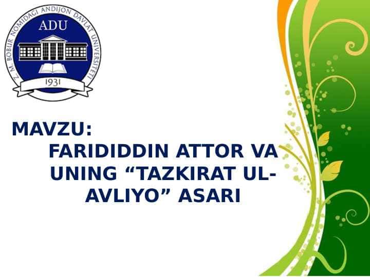 FARIDIDDIN ATTOR VA UNING “TAZKIRAT UL-AVLIYO”