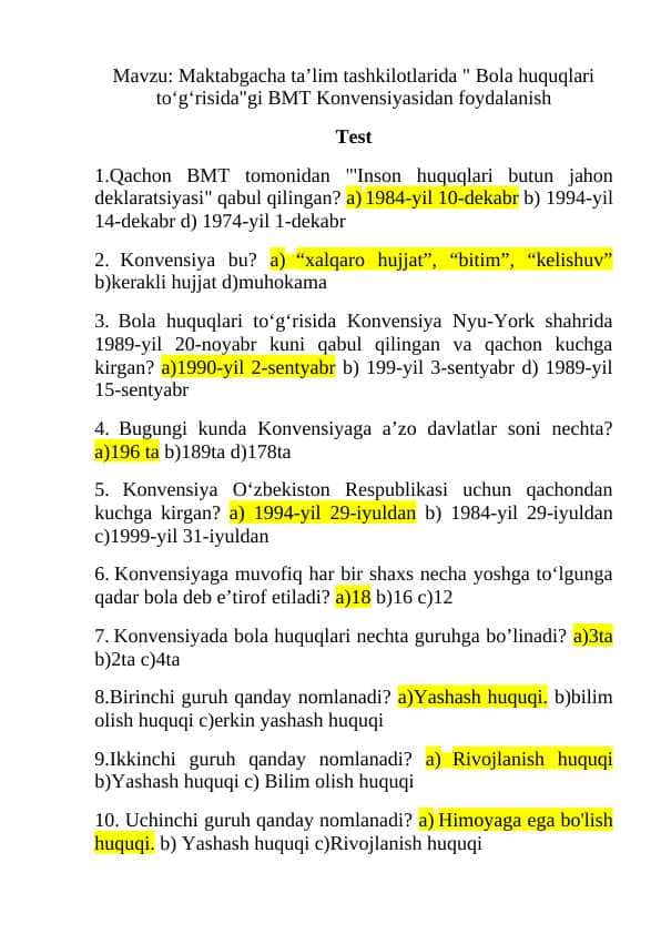 Maktabgacha taʼlim tashkilotlarida " Bola huquqlari toʻgʻrisida"gi BMT Konvensiyasidan foydalanish
