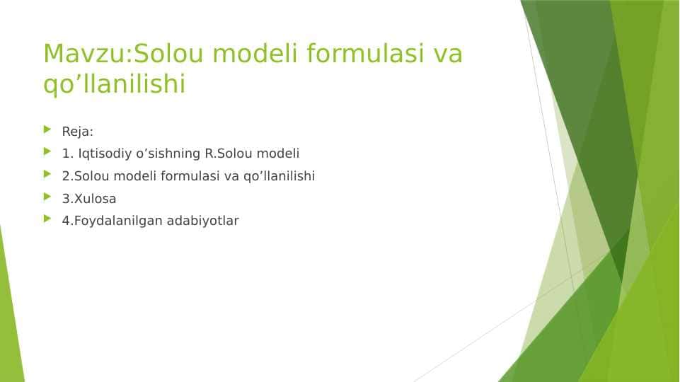Solou modeli formulasi va qo'llanilishi